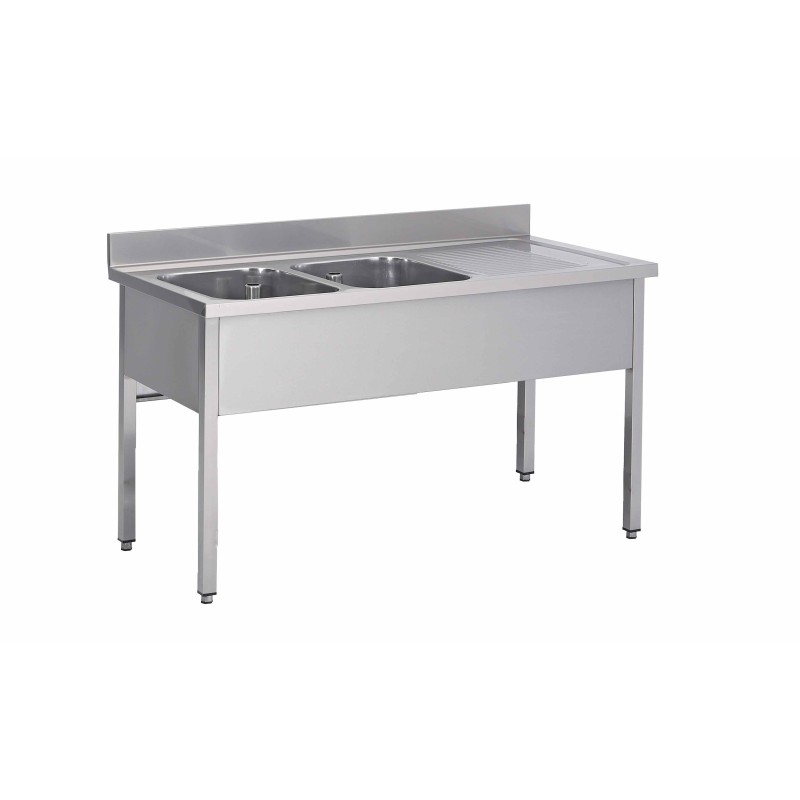 PLONGE INOX SOUDEE 2 BACS 500 X 400 X 250 MM EGOUTTOIR A DROITE
