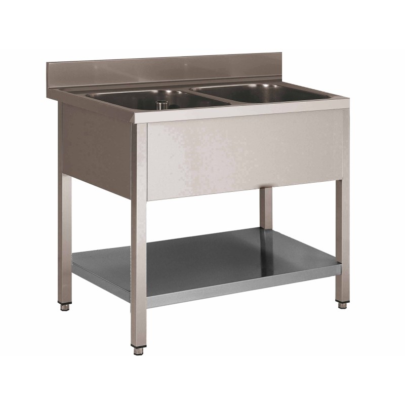PLONGE INOX SOUDEE 2 BACS 500 X 400 X 250 MM SANS EGOUTTOIR AVEC ETAGERE BASSE