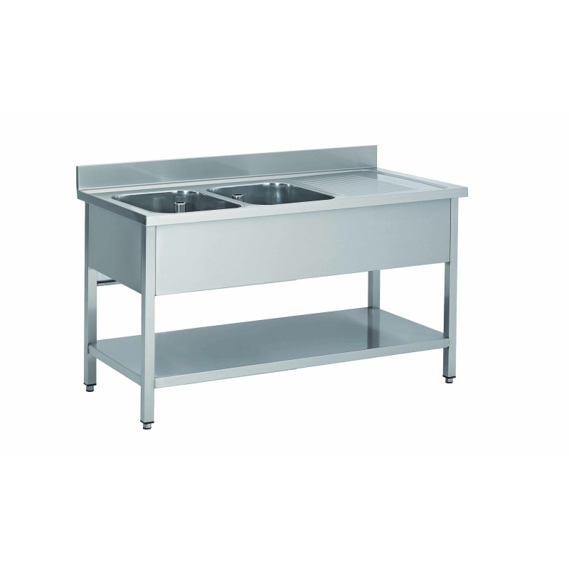 PLONGE INOX 304 DEMONTABLE 2 BACS 500 X 400 X 250 MM PIEDS CARRES EGOUTTOIR A DROITE ETAGERE BASSE