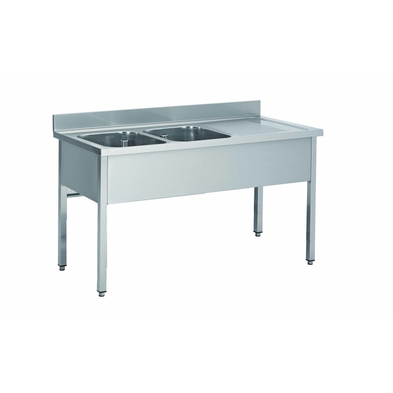 PLONGE INOX 304 DEMONTABLE 2 BACS 400 X 400 X 250 MM PIEDS CARRES EGOUTTOIR A DROITE