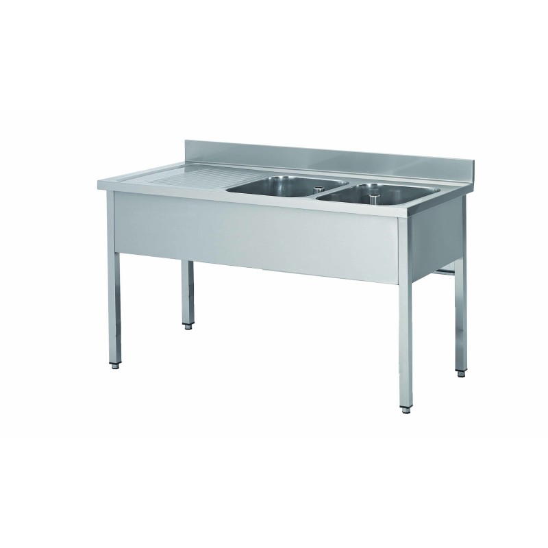 PLONGE INOX 304 DEMONTABLE 2 BACS 400 X 400 X 250 MM PIEDS CARRES EGOUTTOIR A GAUCHE