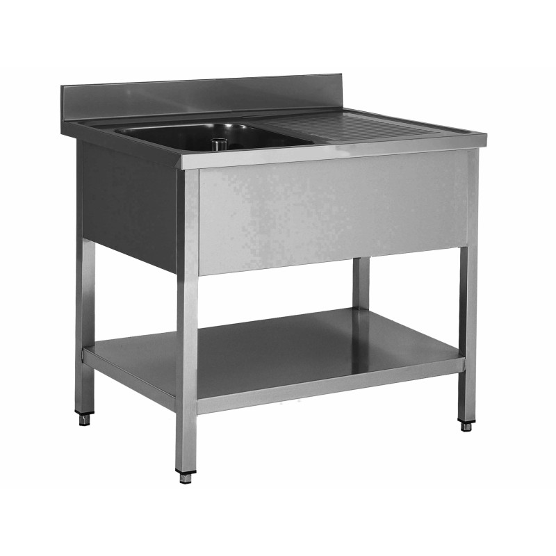 PLONGE INOX 304 DEMONTABLE 1 BAC 400 X 400 X 250 MM PIEDS CARRES EGOUTTOIR A DROITE ETAGERE BASSE