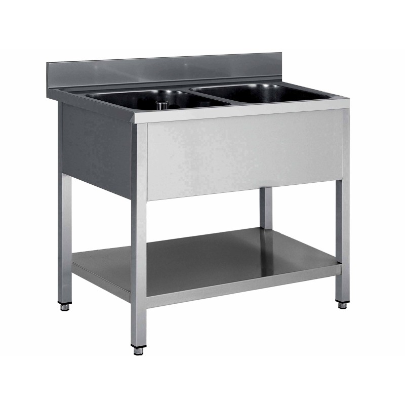 PLONGE INOX 304 DEMONTABLE 2 BACS 500 X 400 X 250 MM PIEDS CARRES SANS EGOUTTOIR  ETAGERE BASSE