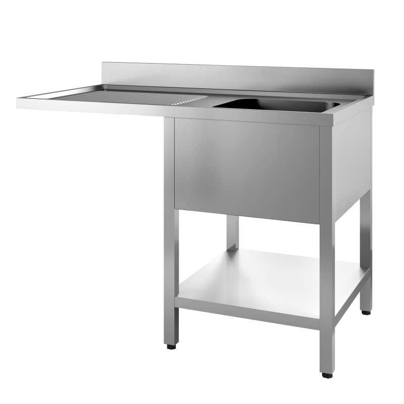 PLONGE INOX 304 SOUDEE ENCASTREMENT LV BAC DROITE 1 BAC 600 X 500 X 300 EGOUTTOIR A GAUCHE AVEC ETAGERE