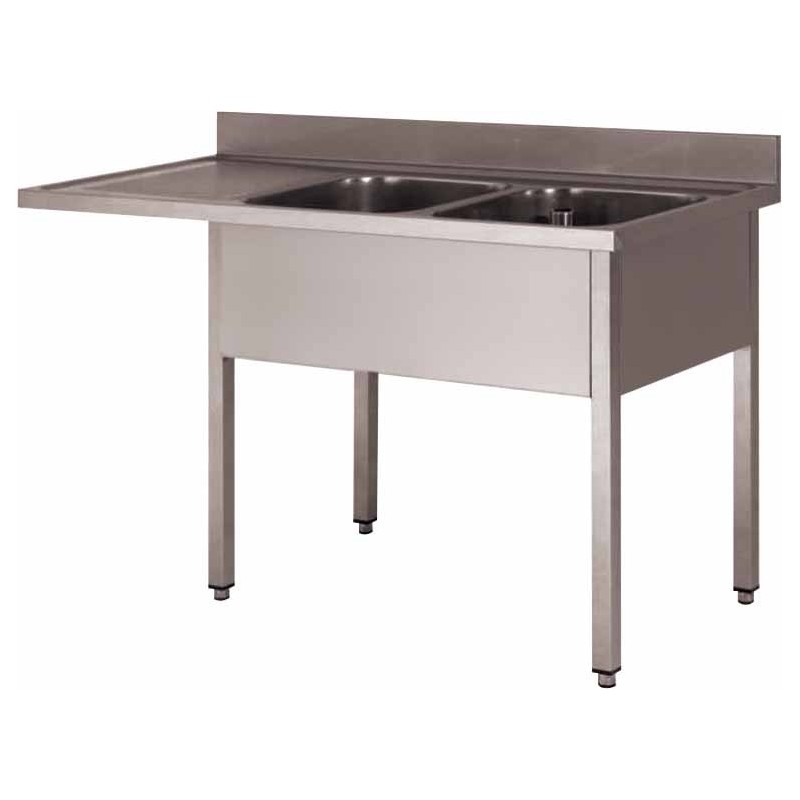 PLONGE INOX 304 DEMONTABLE ENCASTREMENT LV 2 BACS 400 X 400 X 250 MM PIEDS CARRES EGOUTTOIR A GAUCHE