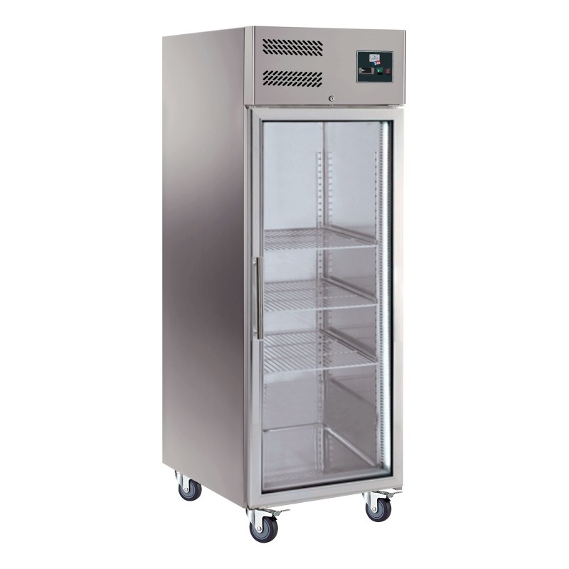 ARMOIRE REFRIGEREE INOX, 1 PORTE VITREE, -18/-22°C VENTILE, 3 GRILLES GN2/1, ROULETTES Ø100