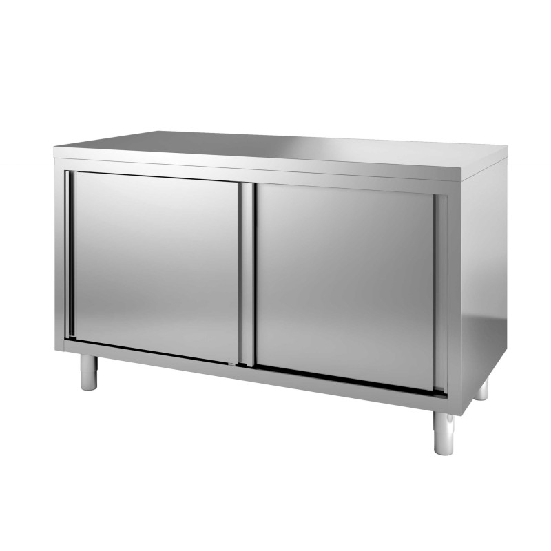 MEUBLE BAS INOX 304 ADOSSE, P. COULISSANTES DOUBLEES, ETAGERE INTERMEDIAIRE, L 1 400 mm P 800 mm H 850 mm