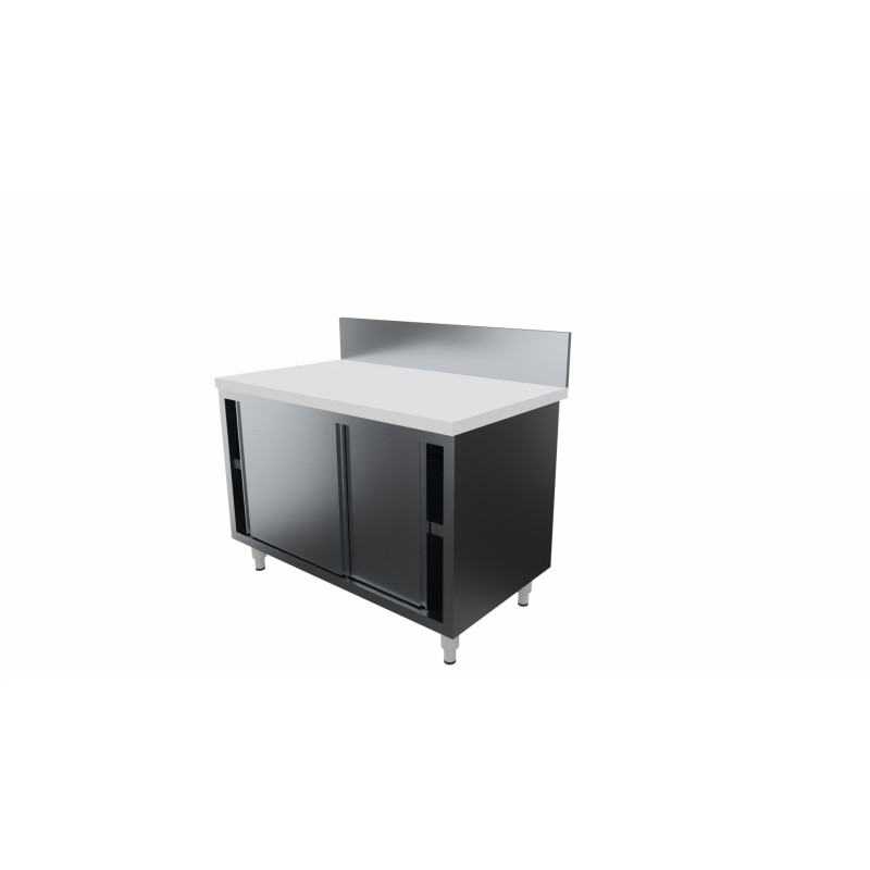 MEUBLE BAS INOX 304 ADOSSE, P. COULISSANTES DOUBLEES, DESSUS POLY EP.40 MM, L 1 000 mm P 700 mm H 850 mm