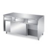 MEUBLE BAS INOX CENTRAL, 2 PORTES COULISSANTES DOUBLEES ET 3 TIROIRS SUR GLISSIERES, L 1 400 mm P 700 mm H 850 mm