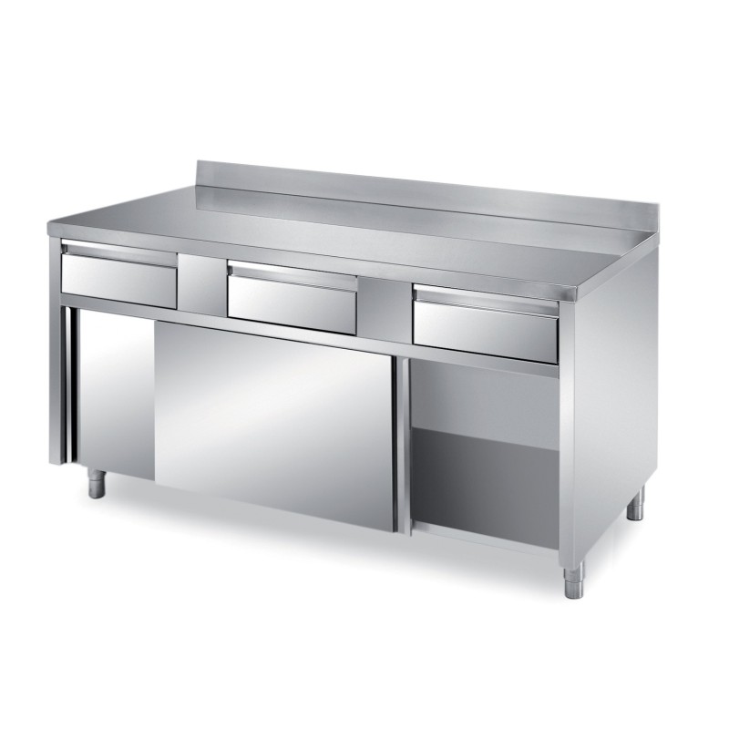 MEUBLE BAS INOX ADOSSE, 2 PORTES COULISSANTES DOUBLEES ET 3 TIROIRS SUR GLISSIERES, L 1 400 mm P 700 mm H 850 mm