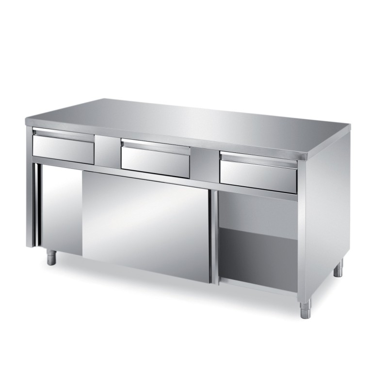 MEUBLE BAS INOX CENTRAL, 2 PORTES COULISSANTES DOUBLEES ET 2 TIROIRS SUR GLISSIERES, L 1 000 mm P 700 mm H 850 mm