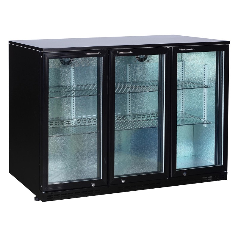 MEUBLE ARRIERE DE BAR SKIN PLATE 0/+8°C, 3 PORTES BATTANTES VITREES, 6 CLAYETTES